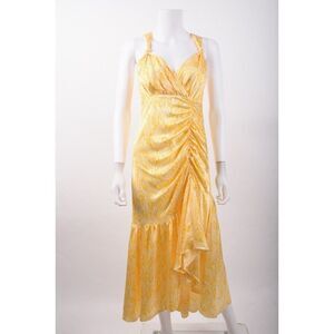 Cinq A Sept Womens Nikola Silk Midi Dress Sz 4 Yellow White Ruched NWT $595